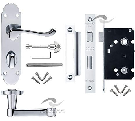Chrome Bathroom Door Handles with Lock Set Oxford Backplate Victorian Scroll Lever 168mm Long Secure and Easy Emergency Release Domestic and Commercial Use Quality Smooth Action