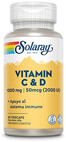 SOLARAY Vitamin C & D, 1000Mg C & 50Mcg D, Apto para Vegetarianos, Vegcaps 200 G, 60 Unidades