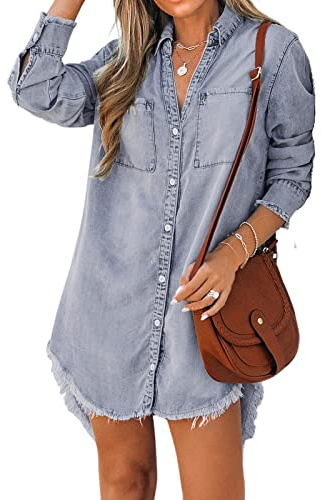 CUPSHE Camisa de mezclilla para mujer, mini vestido tipo túnica, casual, de gran tamaño, otoño, manga larga, dobladillo deshilachado, blusa con bolsillos, azul, XL