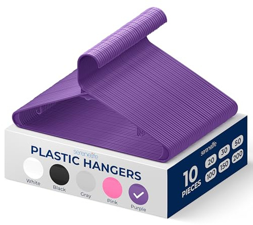 SereneLife Cintres - Cintres en Plastique - Antidérapants - Porte-Vêtement Fins et Gain de Place - pour Chemises, Pulls, Sweats, Vêtements Enfants et Robes - Ultra-Fins - Légers - Lot de 10 - Violet