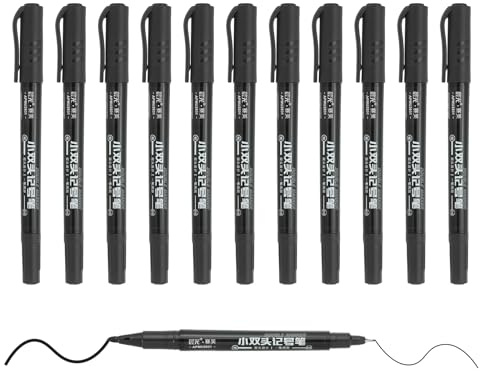 M&G Permanenta tvillingmarkörer, dubbel ultrafin punktspets (1,2 mm + 0,5 mm), 12-pack snabbtorkande, vattentäta fiberspetspennor för papper, glas, plast, trä, sten, metallyta, svart