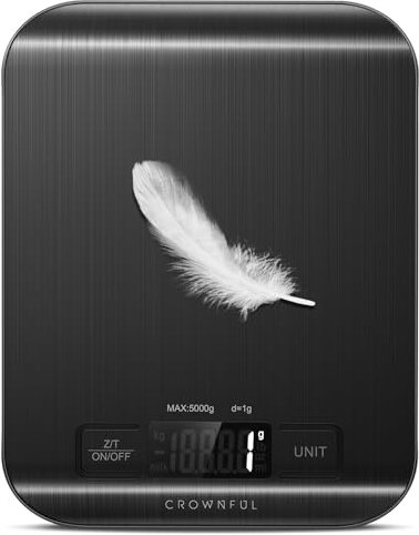 CROWNFUL Balance de cuisine numérique de 5 kg avec batterie intégrée pour la cuisine et la pâtisserie, 6 unités avec fonction tare, écran LCD, acier inoxydable 304, noir