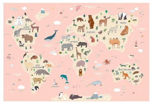Kidsmood - Selbstklebende Tapete für Kinderzimmer, Fototapete mit Tieren aus aller Welt, Ideale Kinderzimmer Deko für Mädchen und Jungen, Schadstofffreie Vliestapete in lebendigen Farben, 405x220 cm