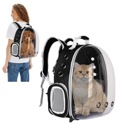 Mochila Transportadora para Gatos y Perros Pequeños – Mochila Burbuja Transparente Tipo Cápsula para Mascotas – Mochilas para Gatos, Perros, Conejos, Cachorros – Viajes, Moto, Avión, Paseo (Negra)