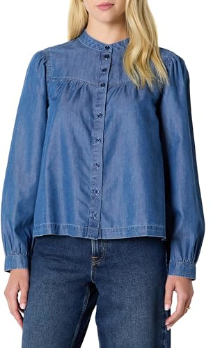 Amazon Essentials Blusa de Manga Larga de Cambray de Mezclilla de Ajuste Holgado para Mujer, Lavado Medio clásico, Talla XL