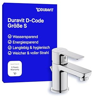 Duravit D-kod tvättställskran, storlek S (pip höjd 125 mm), energisparande handfatskran (FreshStart), vattenbesparande kran badrum (MinusFlow), med dragstång avloppsarmatur, krom