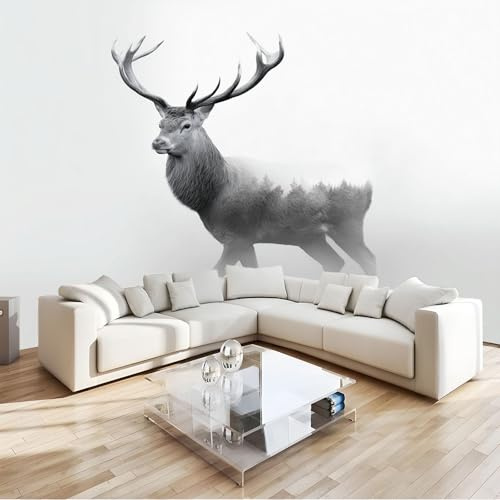 Panoramic Photo Wallpaper Wall Mural 98 x 69 inch (W x H), Light Gray Wall Poster Luxury Art Photo Wallpaper 3D Effect - Realistic Animals Deer Poster Decoration for Bedroom Living Room