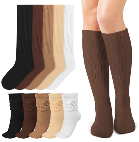 Queenshin 5 Pairs Knee High Slouch Socks Women Ladies Long Scrunch Chunky | Nordic Knit Boot Slouchy Scrunchie Frilly Sock, Woman Christmas Birthday Gifts, Sizes 5-9