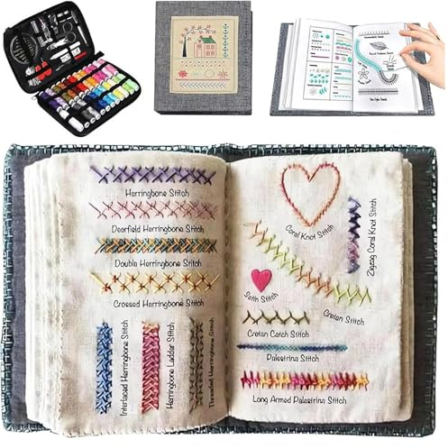 Embroidery Stitch Sampler Book Kit, kit da ricamo per libro e wewing kit con motivi e strumenti, set di libri fai da te ad alta densità con tutorial per principianti/appassionati (1 pezzo)