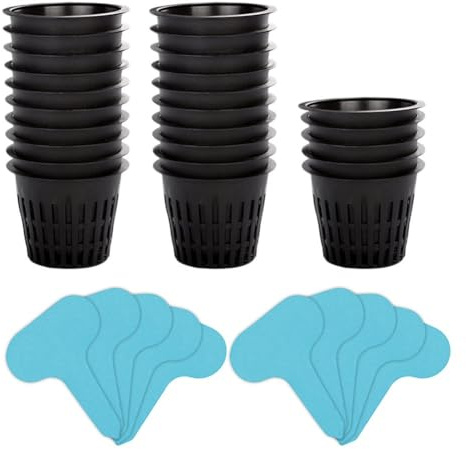 Gettimore Planting Basket Set 25 Pcs for Soilless Cultivation, 10x10x10 cm Plastic Mesh Pot Net for Herbs Flowers Vegetables, Includes 10 Plant Labels