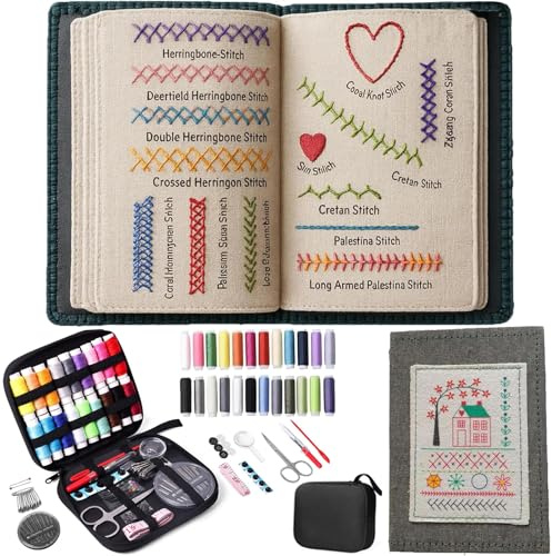 Pipihome Embroidery Stitch Book, Embroidery Kit for Beginners, Embroidery Books with Sewing Kit, DIY High-Density Linen Set for Craft Lovers & Enthusiasts
