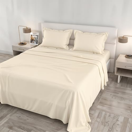 Completo Letto RASO CLOE Matrimoniale Maxi 100% Cotone Made in Italy – Set Lenzuola, 2 Federe con Volant, Lenzuolo Sopra 260x300 cm, Lenzuolo Sotto 180x200 cm – PANNA