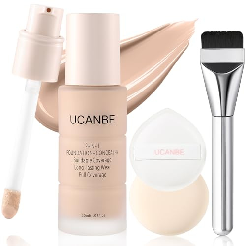 UCANBE 2-in-1 Liquid Foundation & Concealer, Full Coverage Foundation Makeup Set for Combination & Oily Skin, Hydrating Formula with Hyaluronic Acid, Vitamin C (05 Nude Beige)