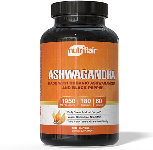 NutriFlair Organic Ashwagandha Root Extract - with Organic Black Pepper - Stress and Mood Support - Powerful Adaptogenic Benefits and Overall Health - Made in USA