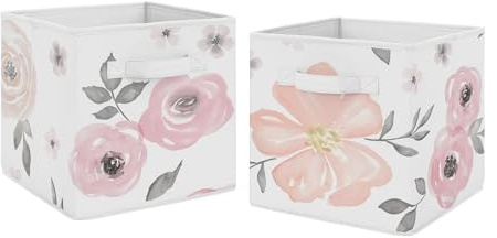 Sweet Jojo Designs Set of 2 Collapsible Fabric Storage Cubes (Pink/Grey Boho Floral) for Girls, Baby, Kids, Childrens Foldable Bins Organizer Boxes Toys (Watercolor, Flower, Elegant Rose, Farmhouse)