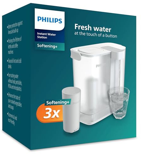 Philips Water Caraffa filtrante Instant (3 L) – 3× filtro Anticalc+ – Riduce calcare e cloro, migliora il gusto delle bevande calde
