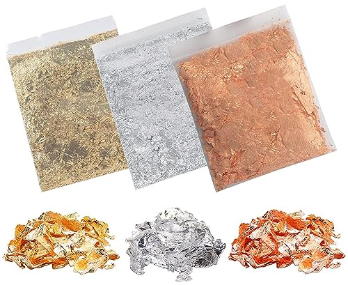 45g Foil Flakes, BetterJonny 3 Bags Gold Leaf Flakes Gold Foil Copper Leaf Silver Leaf Metallic Foil Flakes with Tweezer for DIY Craft