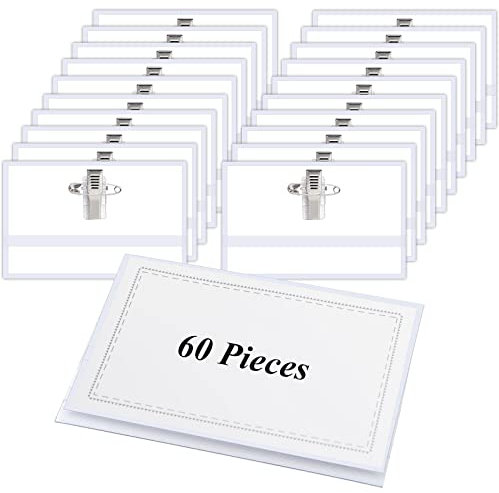 Jogoico Namensschilder für Kleidung 60 Stück Namensschild Ausweishalter PVC Namenschilderhülle mit Clip & Anstecknadel, Transparent Ausweishülle mit Leere Karte für Büro Schule Reisen - 90 x 56 mm