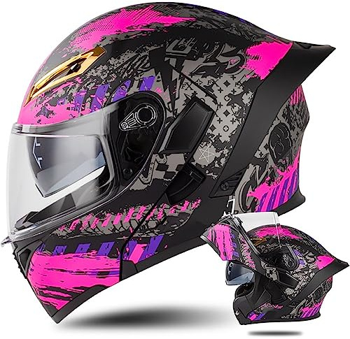 Casque Moto Modulable Double Visière Scooter Chopper ECE Homologué Casque Moto Homme et Femme Casques Intégraux Flip-Up Anti-Collision Casque Integral Modulable pour Locomotive