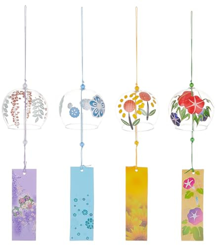 BENECREAT 4 pz Campanelli Eolici Rotondi In Vetro Giapponese, Cielo Blu, Lilla, Colorato, Campanelli Eolici con Motivo Floreale Giallo con Ciondolo In Carta Da Preghiera, per Il Giardino