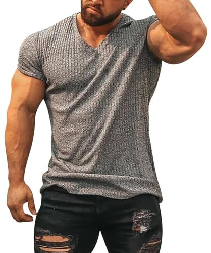 T Shirt Herren für Sports & Outdoor Sportshirt Männer Muskel Top Kurzarm V-Ausschnitt Dehnbar Bodybuilding Activewear & Gym Shirt für Herren V-Neck Stretch Einfarbiges Basic Shirt