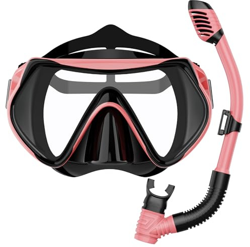 BuyCard Snorkel Mask,180 Degree Panoramic View Dry Top Snorkeling Gear，Safe Anti-Leak Anti-Fog Diving Mask, Snorkel Set and Swimming Goggles (Pink)