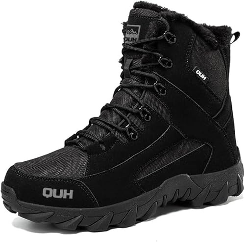 QUH Winter Snow Boots Waterproof Military Training Fur Lined Anti Slip Warm Boots Thickened Cotton Walking Ankle Boots For Man