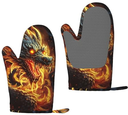 Silicone Oven Mitts Set of 2 Fire Chinese Dragon Oven Gloves for Women Men Heat Resistant Grill Gloves Waterproof Non-Slip BBQ Gloves for Kitchen Cooking