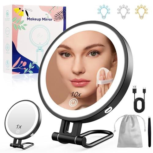 Robofun Schminkspiegel mit Beleuchtung, 1X/10X Vergrößerungsspiegel mit Licht, 3 Farblichter, 20%-100% Helligkeit, Beleuchteter kosmetikspiegel mit Beleuchtung, 3000mAh - Schwarz Metallgehäuse