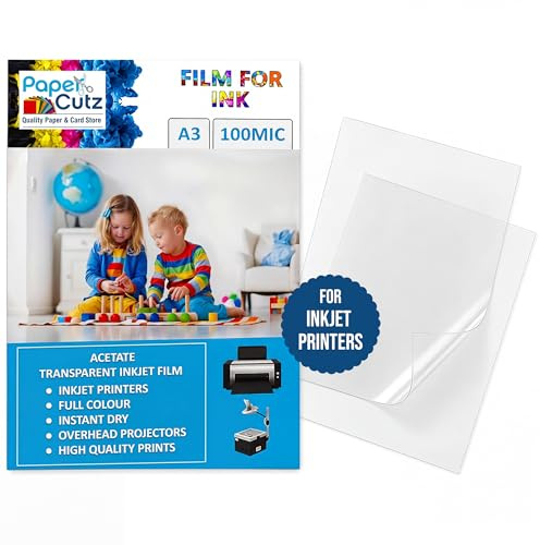 Papercutz A3 Inkjet Acetate Sheets (50 Sheets), 100 Micron Acetate Sheets A3, Transparent Paper for Printing, Overhead Projector Film, OHP Sheet, Clear Plastic Sheeting for Crafting