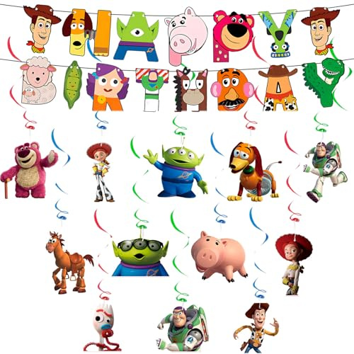 Luclay Ghirlanda di compleanno Toy Story, decorazione per feste con striscione Happy Birthday, 12 spinner in PVC, nastro e stringa