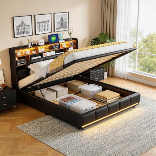 PerGar Polsterbett 140 x 200 mit USB-LED-Kopfteil, Doppelbett mit Bettkasten, Jugendbett Hydraulisch Bett mit Stauraum, Stauraumbett Bettgestell mit Lattenrost, PU, Ohne Matratze, Schwarz