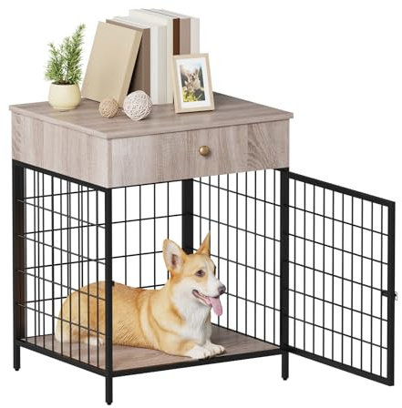Jaula para perros, 59 x 52 x 74 cm, caja de madera para perros con tapa hacia arriba, puerta y cajón, muebles de estilo interior, caseta auxiliar para perros pequeños, caseta de metal, material de