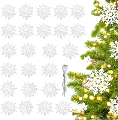 FOSDICK 24 Pezzi Fiocchi di Neve per Albero di Natale, 10cm Glitter Fiocchi di Neve Bianchi Ornamenti Decorativi Natale con Cordino, per Albero Finestra Decorazione di Vacanza