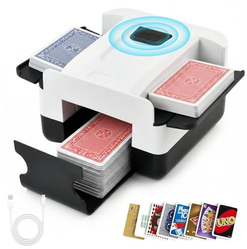 Barajador de Cartas Automático, Mezclador de Cartas de 1 a 2 Barajas, Recargable 2000mAh USB-C Mezclador Eléctrico Tarjetas Silencioso, Card Shuffler para Póquer Blackjack Texas Hold'em