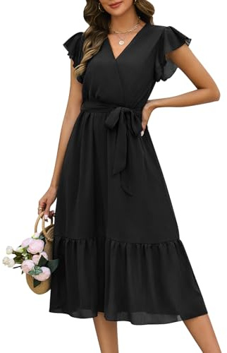 Fashora Robe Longue Femme Été Chic et Elegant Col en V Robes Fluide Taille Haute Décontractée Boheme Robe de Plage à Manches à Volants A-Line Casual Robes D'été