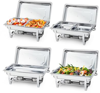 Garvee Versatilidad para grandes eventos – Juego de 4 bandejas chafing dish rectangulares de 8L – Acero inoxidable con tapas y 6 bandejas para comida – Bodas, banquetes y catering – 4 piezas, 2