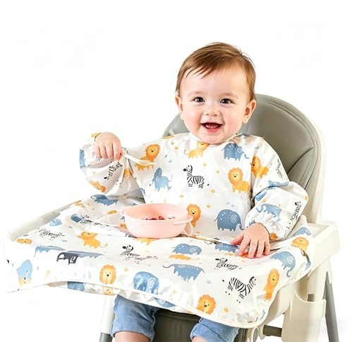 yolzhxe Bavoir Manches Longues Bebe, Bavoir Imperméable Bébém Peut être Fixé sur un Tabouret de Bar, Respirant Tablier Bebe Réutilisable, pour les Enfants de 2 à 6 Ans