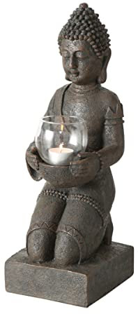 Boltze Buddha Figur mit Windlicht (Buddha Statue aus Kunststoff, Höhe 44 cm, Dekoration für Garten / Wohnung) 5989500