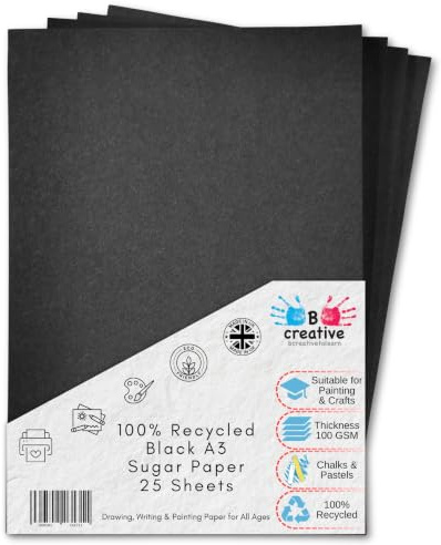 BCreativetolearn Recycled A3 Black Sugar Paper 25 Sheets, Great Arts and Crafts for Drawing, Painting & Scrapbooking Supplies. 42 x 29.7cm Sheet Size