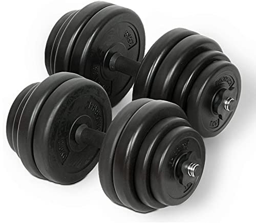Physionics® Kurzhantel Set 30 kg (2x15 kg) - inkl. 16 Gewichte aus Kunststoff, 2 Hantelstangen und 4 Sternverschlüssen aus Plastik, Griff gerändelt aus Kunststoff, Ø 25mm - Hantelstangen, Kurzhanteln