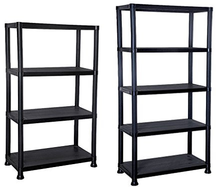 E-Bargains 4/5 Tier Black Plastic Shelving Unit Storage Organised Garage/Home/Pantry Racking Shelf Shelves Workbench Workman Bays Racking Tools Paint Stationary Parts (4 Tier)