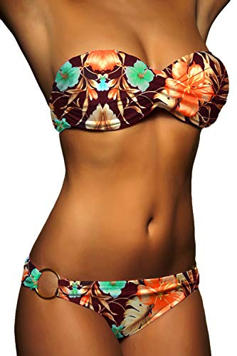 ALZORA Push Up Bandeau Twist Bikini Set da donna push-up a fascia, diversi colori e taglie, 10446, Fiori colorati, M