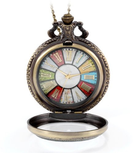 JewelryWe Retro Taschenuhr Herren Kette: Vintage Steampunk Große Römische Ziffern Kettenuhr Analog Quarz Uhr Anhänger mit Langer Halskette Bronze Geschenk für Opa Vater