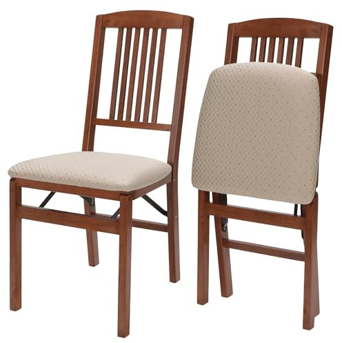 Stakmore MECO Simple Mission Wooden Folding Chairs with Padded Seats, Set of 2 - No Assembly Foldable Dining Chairs, Steel Folding Mechanism, Upholstered Cushion, Space-Saving, Cherry Frame