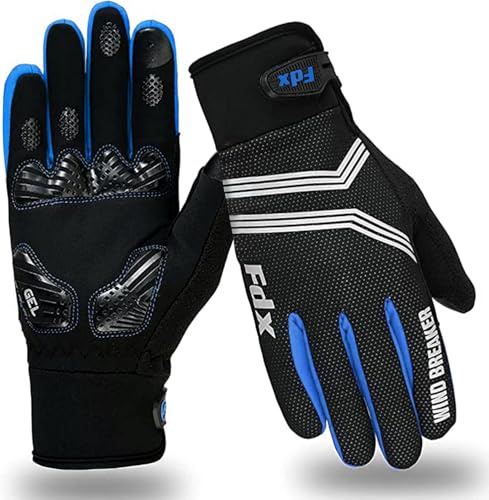 FDX Full Finger Winter Cycling Gloves, Breathable, Water Resistant, Windproof, Anti- Shocking Gel Padded Palms, Touchscreen, Anti-Slip Warm Thermal Men Women MTB, Racing, Riding, Running (Blue S)