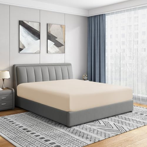 Cathay Home Luxury Wrinkle And Fade Resistant Double Brushed Ultra Soft Microfiber 14-inch Standard Pocket Single Fitted Sheet, Cream, Full