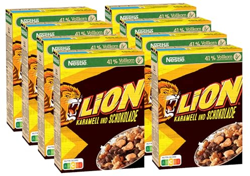 NESTLÉ LION Cereals, Schoko Cerealien mit Karamell und 41% Vollkorn, Frühstücksflocken mit Vitaminen & Mineralstoffen, 8er Pack (8x400g)