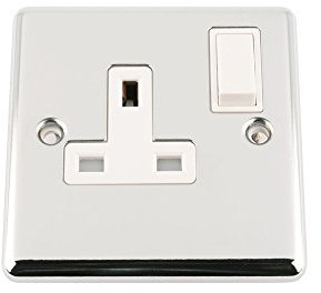 A5 Socket 1 Gang - Polished Chrome - Classic - White Insert Plastic Switch - 13A Single Wall Plug Socket