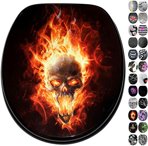 Sanilo Toilet Seat, Wide Choice of Black Toilet Seats, Stable Hinges, Easy to Mount (Skull in Flames)